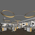 Modern Public Office Space with Multiple Desks Computers Gray Office Chairs Wooden Flooring Circular Lights