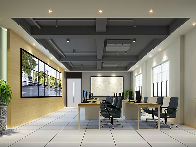 Modern Monitoring Room Interior With Large Screens Work Desks And Office Chairs 3d model