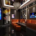 Luxurious KTV Interior Design With Orange Sofas Chandelier TV And Wine Bottles