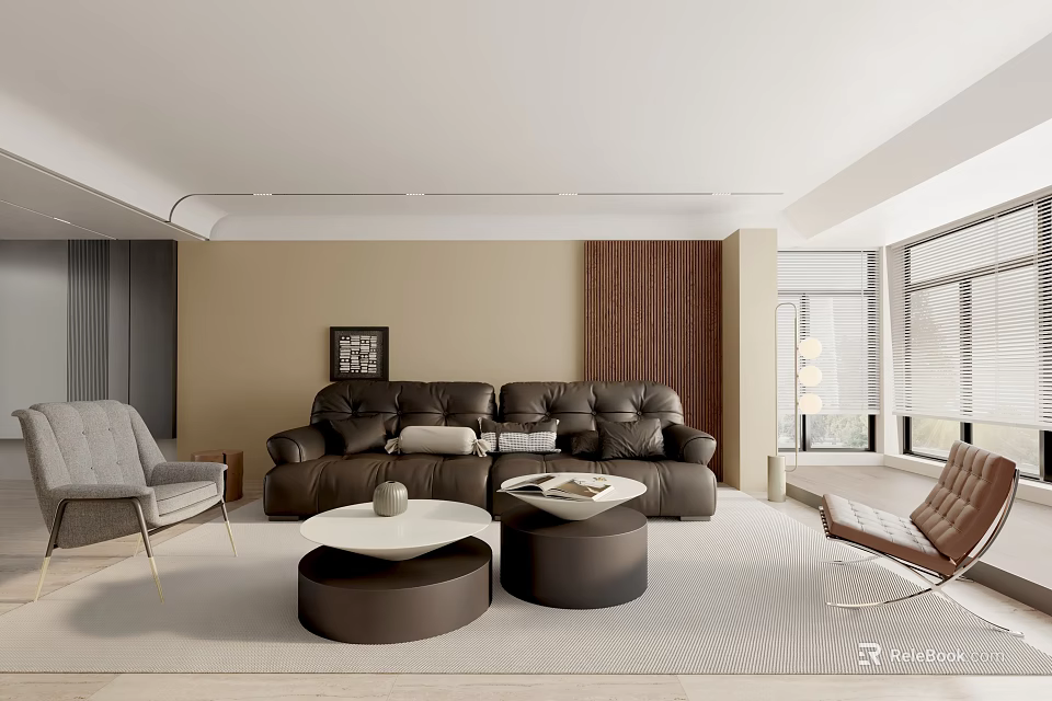 Modern Living Room Interior With Dark Leather Sofa Round Coffee Tables And Accent Chair 3d model 