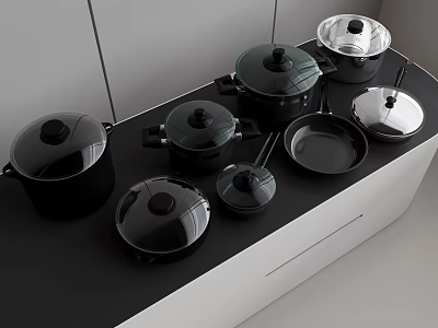 Kitchen Cookware on Black Countertop with White Cabinets Including Covered Pots and Silver Pans 3d model