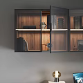 Modern Decorative Cabinet with Glass Doors Wooden Shelves Books and Interior Lighting