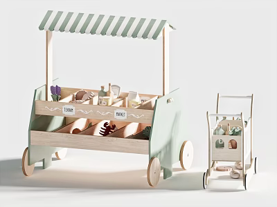 Wooden Toy Carts With Green Striped Awning Fruit Herb Labels And Toy Vegetables 3d model