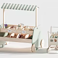 Wooden Toy Carts With Green Striped Awning Fruit Herb Labels And Toy Vegetables