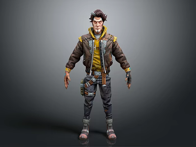 Adventurous Male Character 3D Model With Brown Hair Yellow Hoodie And Brown Jacket 3d model
