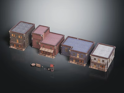 Small Vintage Model Buildings Featuring Various Roof Colors Detailed Windows And Mini Cart 3d model