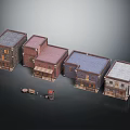 Small Vintage Model Buildings Featuring Various Roof Colors Detailed Windows And Mini Cart