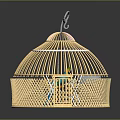 Colorful Parrot Perched Inside Dome Shaped Bamboo Birdcage With Hook 3d model
