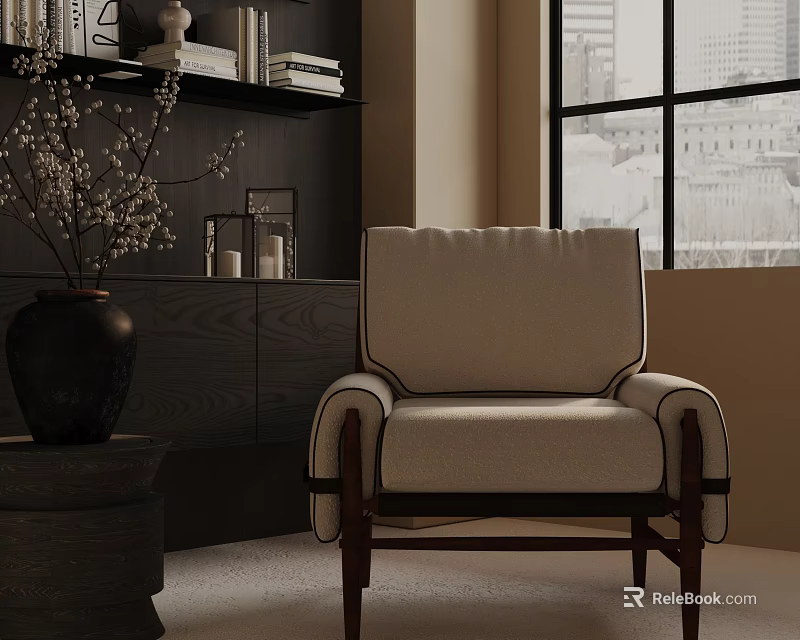Modern Beige Fabric Accent Chair With Wooden Legs And Cozy Living Room Vase Decor 3d model 