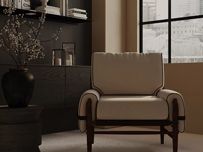 Modern Beige Fabric Accent Chair With Wooden Legs And Cozy Living Room Vase Decor 3d model