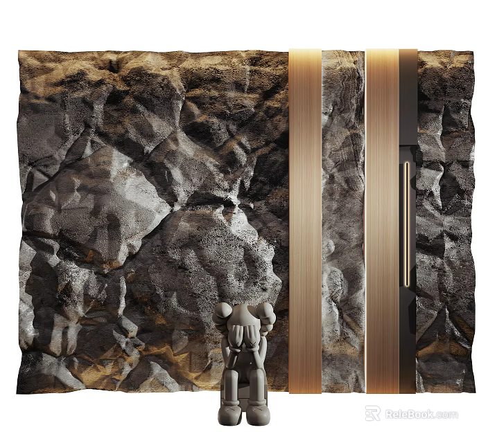 Textured Stone Background Wall Design With Modern Metal Strips And Decorative Sculpture 3d model 
