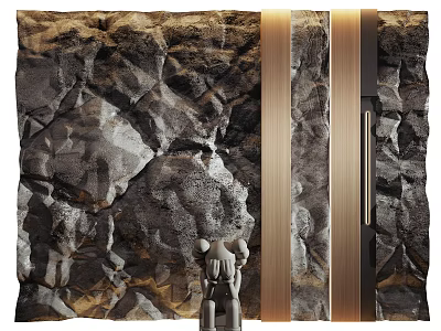 Textured Stone Background Wall Design With Modern Metal Strips And Decorative Sculpture 3d model
