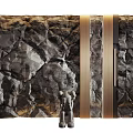 Textured Stone Background Wall Design With Modern Metal Strips And Decorative Sculpture