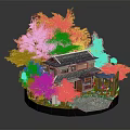 Cartoon Traditional Japanese House Scene With Colorful Autumn Leaves Small Pond And Stone Path
