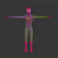 Man in SpiderMan Costume with Arms Outstretched Standing Against Gray Background