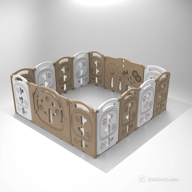 Baby Playpen With Brown And White Panels And Cutout Animal Designs 3d model 