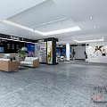 Spacious Modern Exhibition Hall Interior Featuring Gray Marble Floor Sofas And Display Walls 3d model