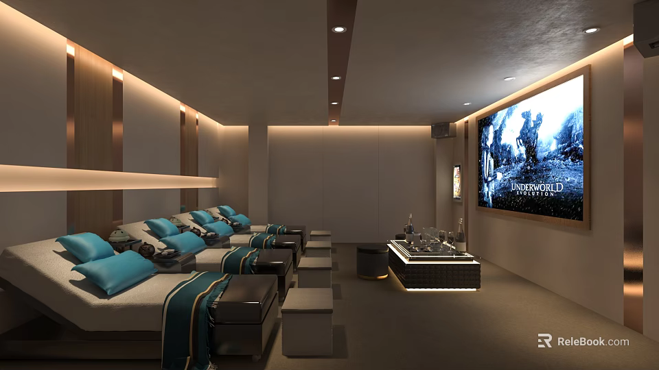 Modern SPA Sauna Room With Sofa Beds Blue Cushions Large Screen TV And Modern Lighting 3d model 
