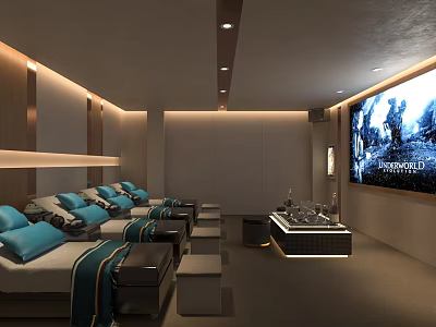 Modern SPA Sauna Room With Sofa Beds Blue Cushions Large Screen TV And Modern Lighting 3d model