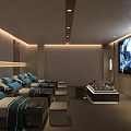 Modern SPA Sauna Room With Sofa Beds Blue Cushions Large Screen TV And Modern Lighting