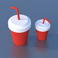 Two Red Paper Cups With White Lids And Red Straws In Different Sizes 3d model