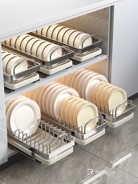 Efficient Kitchen Cabinet Interior With Metal Drawer Storage Racks For Neatly Arranged Plates 3d model 