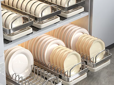Efficient Kitchen Cabinet Interior With Metal Drawer Storage Racks For Neatly Arranged Plates 3d model