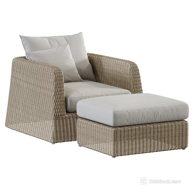 Outdoor Wicker Sofa With Light Colored Cushions And Matching Ottoman 3d model 