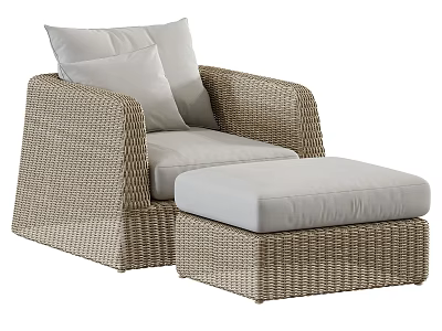 Outdoor Wicker Sofa With Light Colored Cushions And Matching Ottoman 3d model