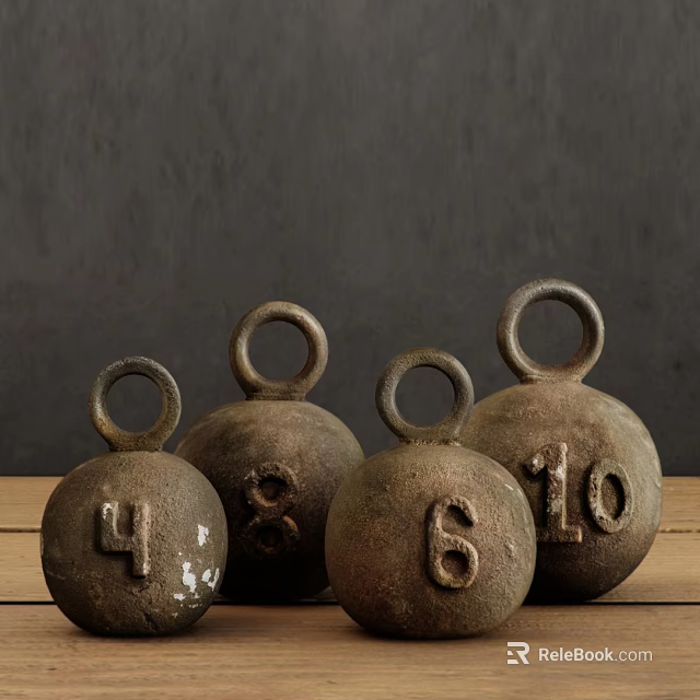 Vintage Cast Iron Weight Ornaments With Numbers On Wooden Surface Dark Background 3d model 