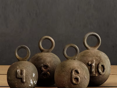 Vintage Cast Iron Weight Ornaments With Numbers On Wooden Surface Dark Background 3d model