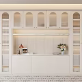 Modern White Bookcase Design With Glass Doors Vertical Slats And Countertop Decorative Items