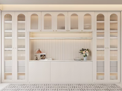 Modern White Bookcase Design With Glass Doors Vertical Slats And Countertop Decorative Items 3d model