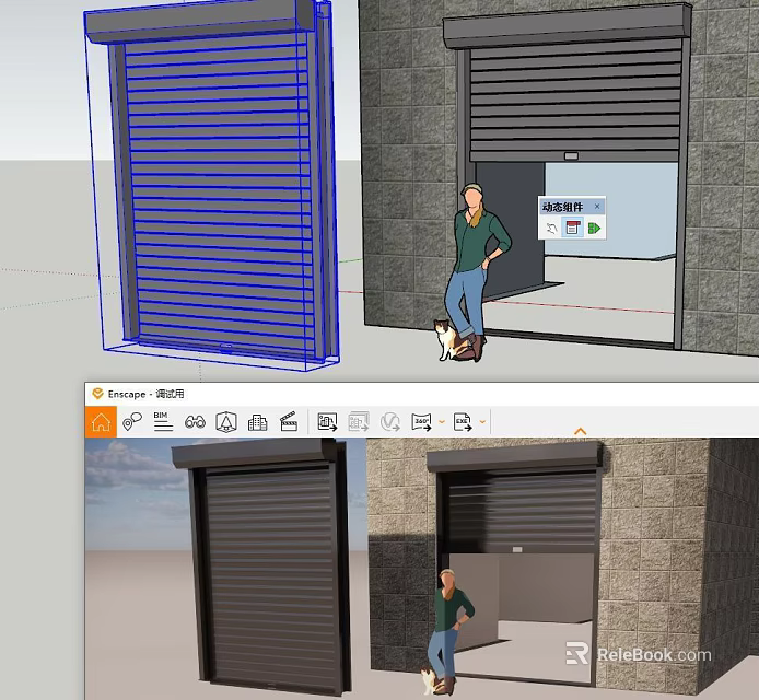 Black Sliding Door Design And Real View On Stone Wall Building Exterior 3d model 