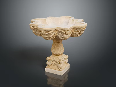 Intricately Carved Stone Decorative Bowl With Petal Rim And Ornate Base 3d model
