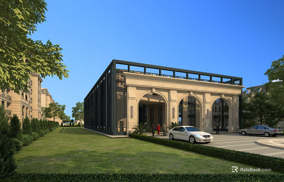 European Style Architecture With Beige Exterior Arched Doors Green Lawn White Car And Trees 3d model 