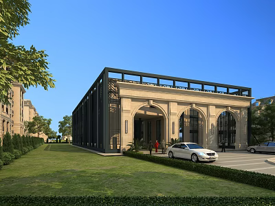 European Style Architecture With Beige Exterior Arched Doors Green Lawn White Car And Trees 3d model
