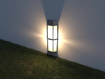 Modern Outdoor Light With Sleek Metal Frame And Transparent Lampshade Illuminating Wall And Grassy Area 3d model