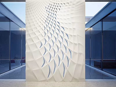 Modern White Feature Wall with Wavy Perforated Geometric Patterns in Minimalist Interior with Glass Walls 3d model