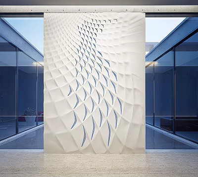 Modern White Feature Wall with Wavy Perforated Geometric Patterns in Minimalist Interior with Glass Walls 3d model
