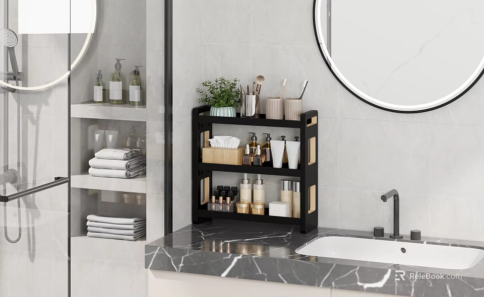 Bathroom Accessories on Black Multi layer Shelf with Marble Countertop Round Mirror and Toiletries 3d model 