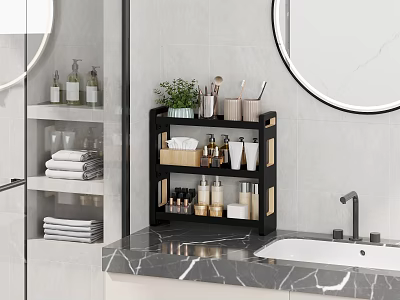 Bathroom Accessories on Black Multi layer Shelf with Marble Countertop Round Mirror and Toiletries 3d model
