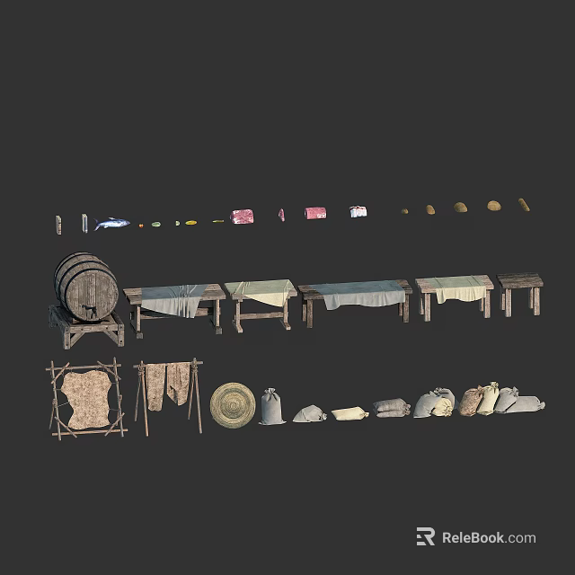Traditional Ancient Scene Components With Barrel Long Tables Cloths And Clay Pots 3d model 
