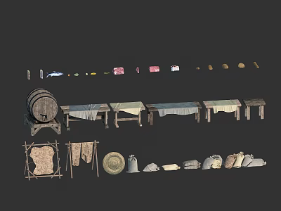 Traditional Ancient Scene Components With Barrel Long Tables Cloths And Clay Pots 3d model