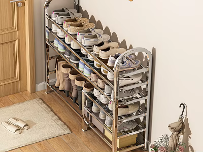 Multi Tiered Metal Shoe Rack Organizing Various Shoes In Entryway With Wooden Floor And Rug 3d model