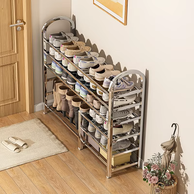 Multi Tiered Metal Shoe Rack Organizing Various Shoes In Entryway With Wooden Floor And Rug 3d model