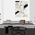 Light Colored Three Seater Sofa With Modern Abstract Painting And Geometric Side Table 3d model