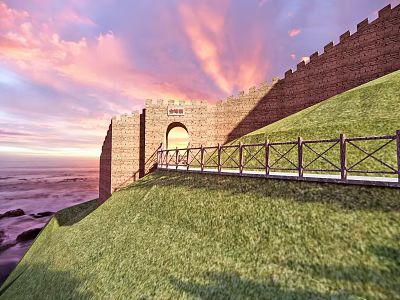 Chinese-style tower, ancient village gate, village wall, city gate path 3d model