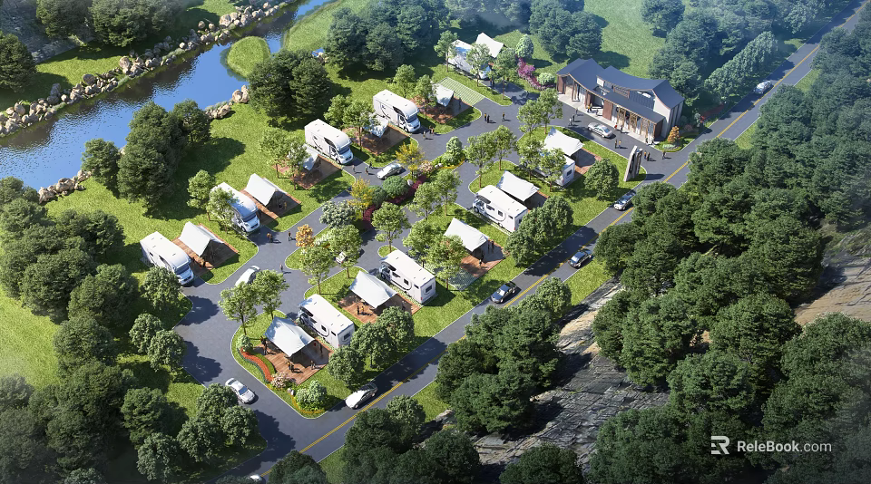 Garden Landscape Design For RV Camping Area With Green Trees Winding Roads And Buildings 3d model 