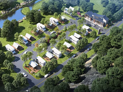 Garden Landscape Design For RV Camping Area With Green Trees Winding Roads And Buildings 3d model